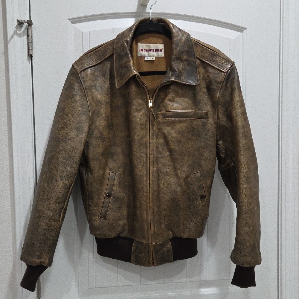 Vintage Sharper Image Leather Bomber Jacket, Wool Lining, Medium